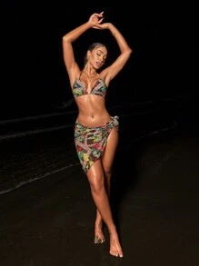 SHEIN Swim Women's Summer Beach Leopard Print Halter Bikini Set With Cover Up Skirt (Random Print)