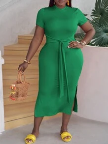 Slaydiva Plus Size Elegant Casual Slim-Fit Orange Dress With Waist Tie-Knot Detail And Split Hem, Women's Long Summer Dress - Green - View 3