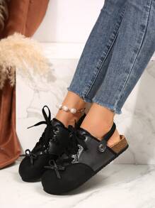Scarpe da balletto nere con allacciatura a nastro e fiocco per donne, stile college, delicato e morbido suola piatta confortevole - nero - Visualizzare 3