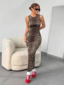 SHEIN EZwear New Lady Leopard Print Sleeveless Round Neck Dress - Black - View 6