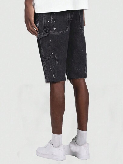 Hombres Shorts Denim Con Bolsillo Inclinado Y Pintura Salpicada