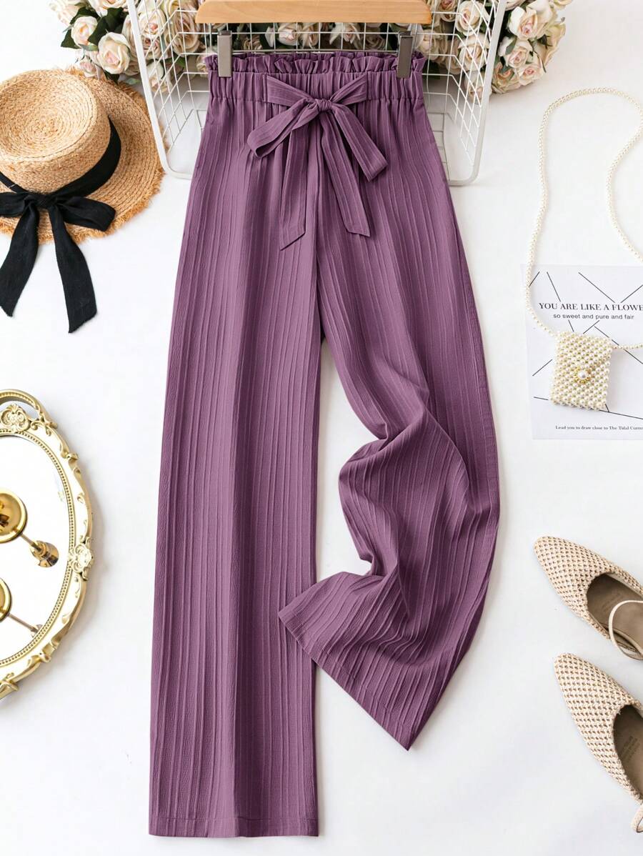 SHEIN LUNE Pantalones largos unicolor con cinturón de uso diario para mujer, de color sencillo - Púrpura polvoriento - Ver 1