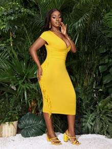 Slaydiva Vestido evasé con mangas cortas, escote en V profundo y flecos laterales de unicolor para mujer, amarillo, largo midi, para fiestas de verano y elegancia - Amarillo - Ver 5