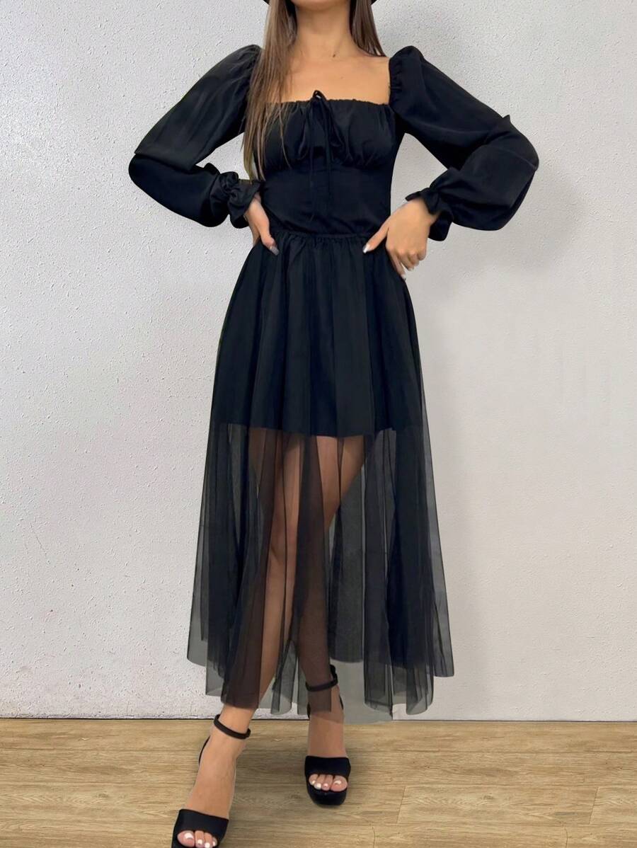 Chiquease Square Neck Long Sleeve Mesh & Pleated Chiffon Patchwork Dress With Front Tie Fall Cloth For Women - Black - View 1