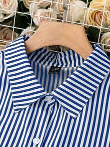 SHEIN LUNE 女士加大尺寸條紋簡約日常無袖襯衫 - 藏蓝色 - 查看 3