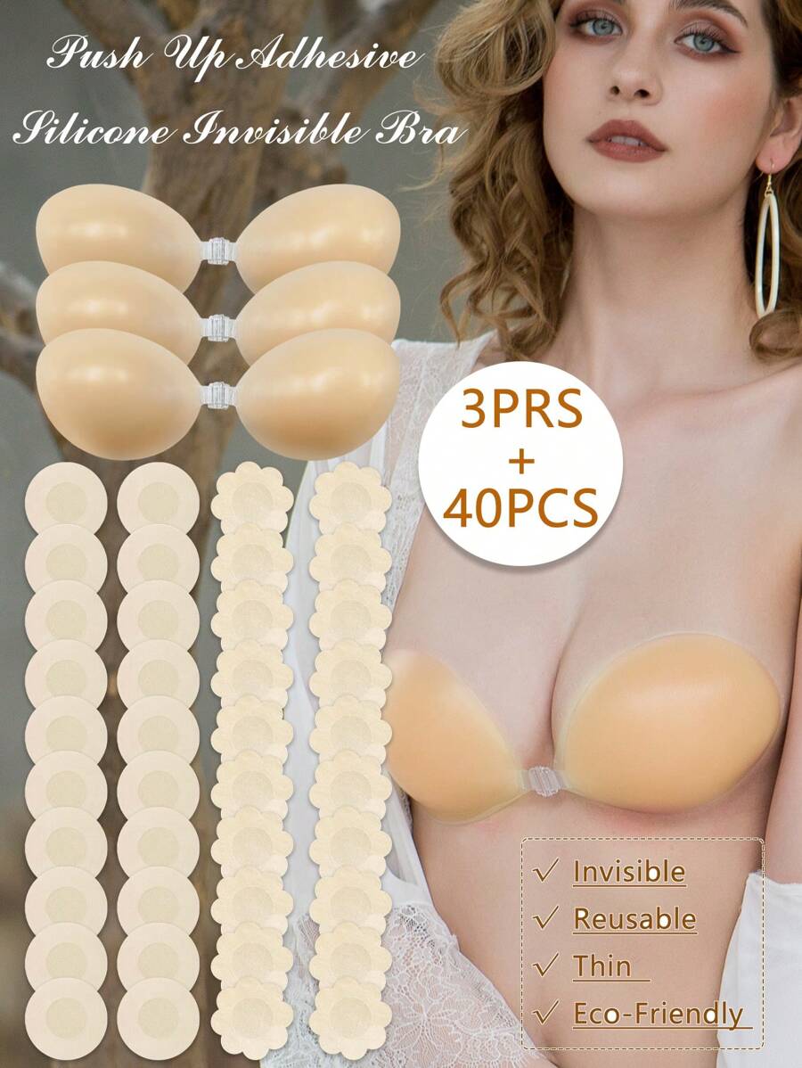 43pcs Silicone Bra Thin Strapless Bra Bra Pad Disposable Round Flower Shaped Nipple Cover Boob Pads Set, Anti Slip - Multicolor - View 1