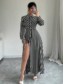 Selianne 女士时尚长袖翻领条纹连衣裙配腰带，适合通勤和休闲场合，女士休闲口袋长袖衬衫领常规版型长款黑白常规袖拼色，条纹衬衫女长裙，春季/秋季，休闲日常穿着长款女装 - 黑與白 - 查看 4