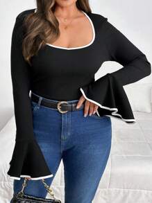 SHEIN Privé Kaos Wanita Ukuran Besar Kasual dengan Trim Kontras, Leher Persegi, Lengan Lebar, Bahan Rajut Rib, Potongan Slim Fit, Musim Semi/Gugur - Hitam - View 6