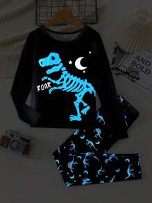 Tween Boys Snug Fit Dinosaur Print Glow-In-The-Dark Long Sleeve Top And Pants 2pcs Pajama Set