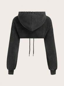 SHEIN EZwear Ladies' Solid Acid Washed Look Vintage Drawstring Detail Super Crop Hoodie - Black - View 3