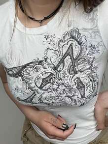 INAWLY 女士花卉印花圆领短袖休闲 T 恤，夏季图案 T 恤女式上衣 - 白色 - 查看 1