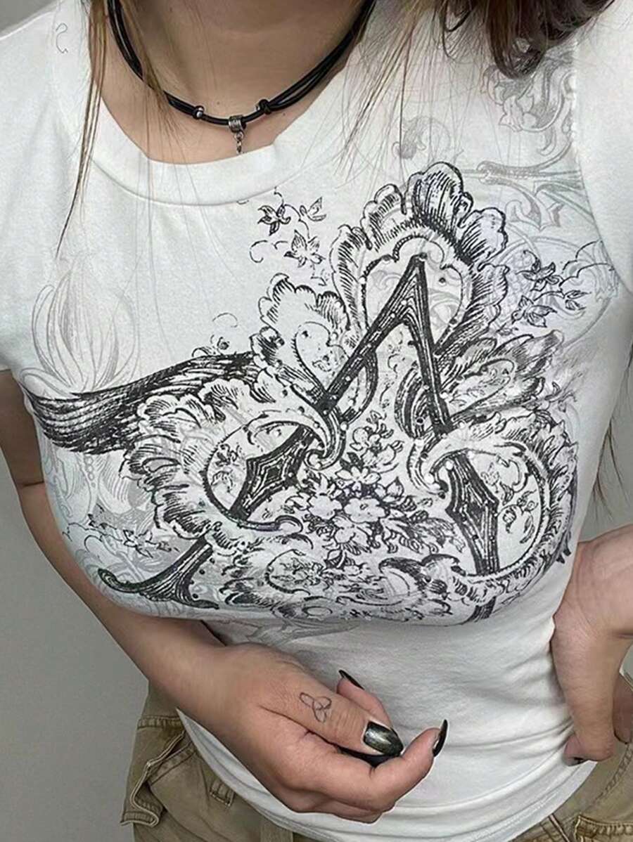 INAWLY 女士花卉印花圆领短袖休闲 T 恤，夏季图案 T 恤女式上衣 - 白色 - 查看 1