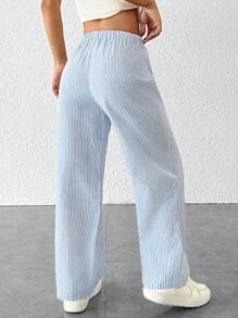 SHEIN PETITE Striped Women's Linen Low Rise Pants, Summer Vacation - Blue and White - View 2