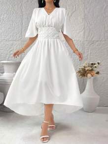 Modelyn Vestidos largos de noche unicolor y cuello en V sencillo para uso diario de damas - Blanco - Ver 4