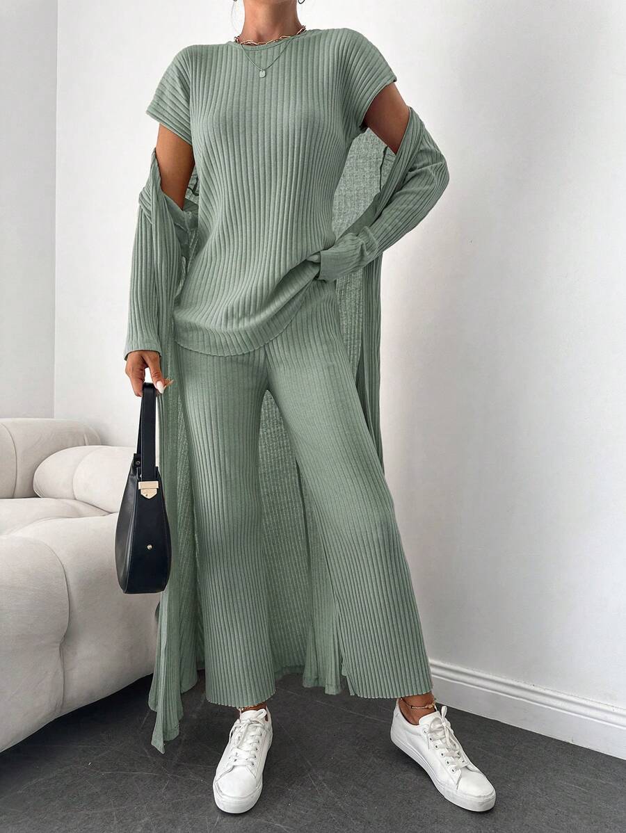 EURMUSE Ribbed Knit Tank Top & Pants & Open Front Coat - Mint Green - View 1