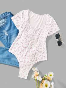 SHEIN EZwear 夏季淺口花卉方領短袖女式連體衣 - 粉色 - 查看 5