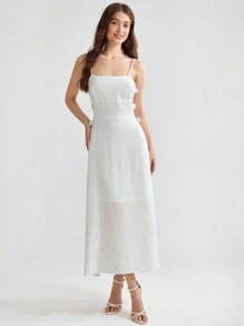 Enchnt Women's Fashionable Solid Color Waist Cinching Sling Dress - White - View 3