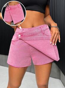 SHEIN PETITE 女士甜美牛仔短裙套裝迷你粉色短褲，Y2k短褲，返校服裝 - 粉色 - 查看 1