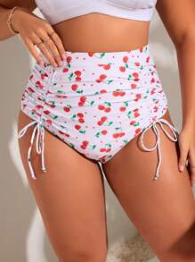 SHEIN Swim Curve Plus Size Cherry Print Ruffled Tie Waist Fashionable Swimwear Bottom Summer - White - View 1