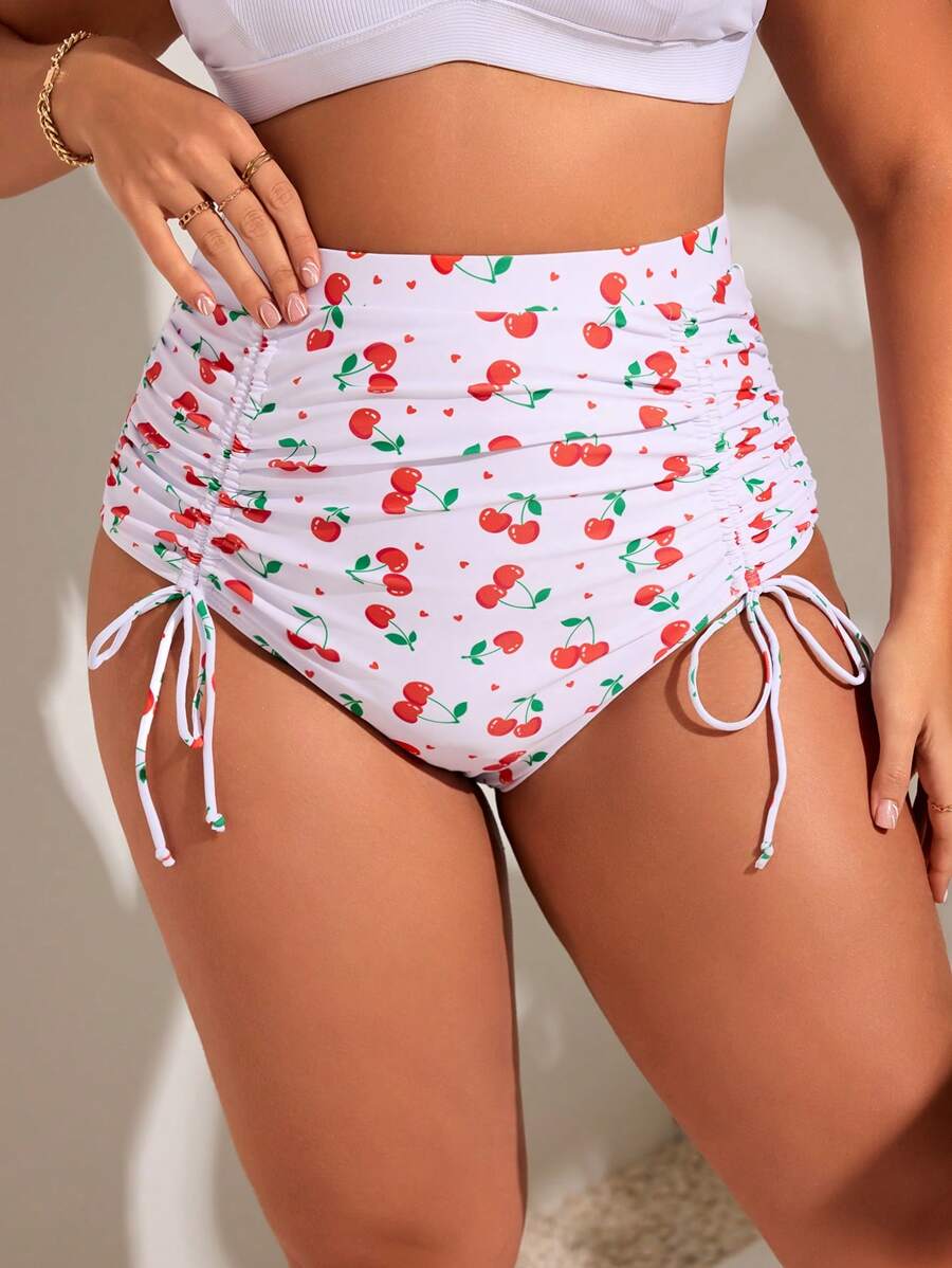 SHEIN Swim Curve Plus Size Cherry Print Ruffled Tie Waist Fashionable Swimwear Bottom Summer - White - View 1