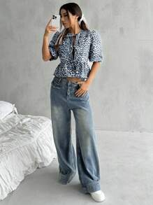 SHEIN EZwear 女式豹紋系帶前短袖襯衫 - 藍色 - 查看 4