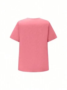 SHEIN TaskFit Plus Size Solid Color V-Neck Pocket Short Sleeve Top And Elastic Waist Long Pants  Uniform Set, Plus Size Uniforms & Scrubs - Pink - View 5