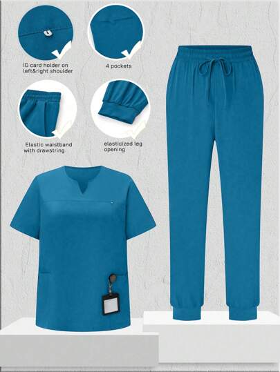 SHEIN TaskFit Plus Size Solid Color Simple Daily Short Sleeve Top And Long Pants Uniform Set, Plus Size Uniforms & Scrubs
