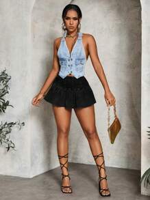 SHEIN Tall Women's Pleated Solid Color Denim Skirt, Casual Everyday Wear - Black - View 6