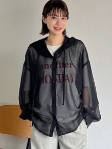 FRIFUL Women's Simple Printed Hooded Long-Sleeved Shirt Sheer Long Sleeve Women - Black - View 2