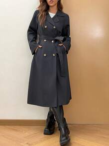 SHEIN EZwear 90年代深灰色落肩雙排釦束腰風衣 - 深灰色 - 查看 3