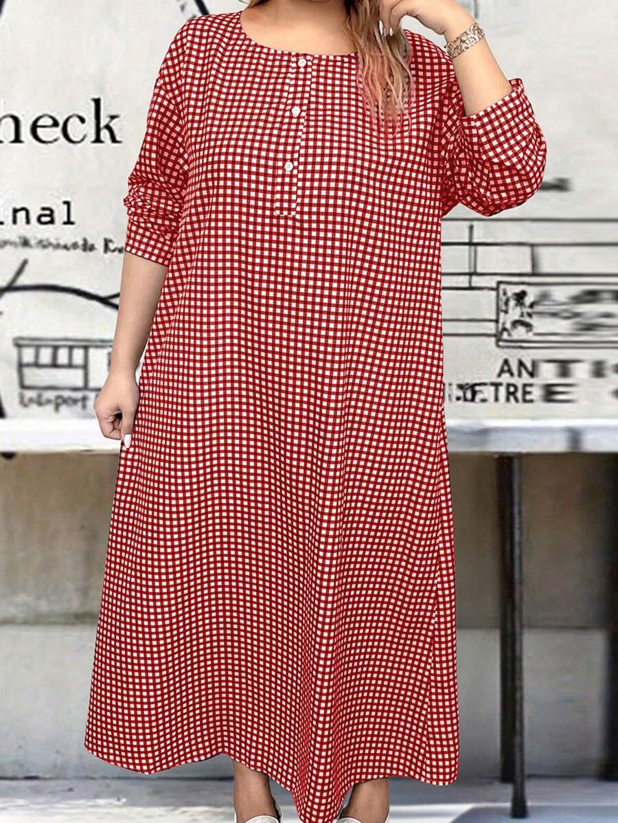 SHEIN LUNE 大码女式休闲格子长裙 - 紅色 - 查看 1