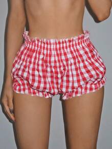 EgrlEra 女士格子印花简约休闲短裤，日常穿着，Y2K风格，新年必备 - 紅色 - 查看 7