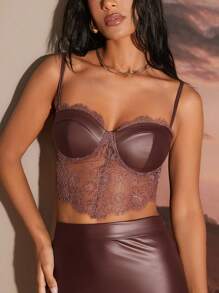 SHEIN Unity Camisole Party-Oberteil aus PU-Leder mit Spitzenbesatz - Rot - Übersicht 1