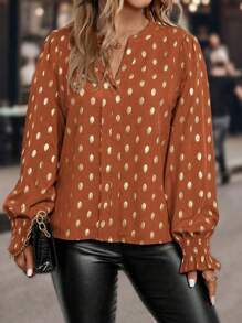 SHEIN Clasi 大碼波點印花綁領收腰休閒長袖襯衫 - 橘色 - 查看 6