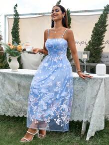 SHEIN Belle Đầm lưới thêu thanh lịch dành cho nữ - Màu xanh nhạt - Xem 4