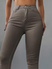 SHEIN Cottnline Vaqueros Ajustados Informales De Color Liso - Caqui - Ver 4
