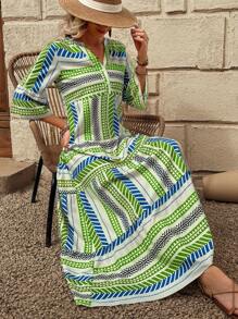 Breezaya Vestido estampado de manga 3/4 con escote en V para mujer