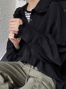 FRIFUL Women's Solid Color Front Buttoned Loose Fit Shirt With Flounced Hem, Perfect For Daily Casual Wear,Ruffle Long Sleeve Top - Black - View 5