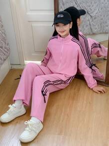 SHEIN Tween Girl 编织缎带蝴蝶结短夹克 + 阔腿长裤两件套 - 粉色 - 查看 5