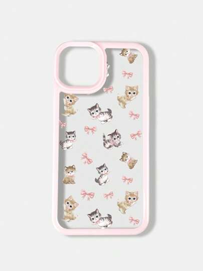 Kawaii 1pc Pink Lovely Cat Bowknot Patterned Apple Phone Case Compatible With IPhone 11 12 13 14 15 Pro Max