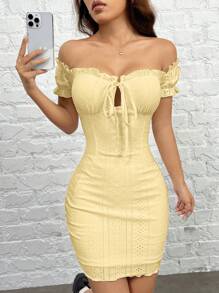 SHEIN EZwear Light Yellow Knitted Bodycon Dress With Pleated Off-Shoulder Detail - Yellow - View 6