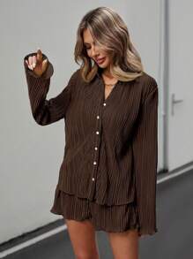 Siren Gaze 女士純色單排釦休閒長袖上衣和短褲套裝 - 咖啡棕 - 查看 6