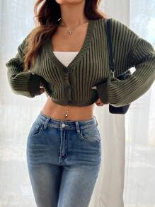 SHEIN EZwear Green Sleeve Button Front Rib Knit Cardigan,Long Sleeve Tops In Fall/Winter - Green - View 1