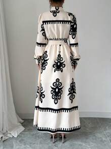 Elenzga Robe-chemise imprimée à manches longues, col rabattu, style tendance pour navetteur, motif spécifié, tenue maxi pour femmes
