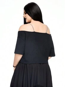 ROMWE Goth Camiseta diaria simple impresa de hombros abiertos para mujeres de talla grande - Negro - Ver 6