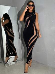 BamGleam Đầm Maxi Cổ Tròn Màu Trơn Gợi Cảm Ôm Sát Cho Nữ Mùa Hè Có Lỗ Xỏ - màu đen - Xem 3