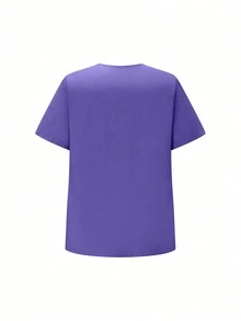 Plus Size Màu Trơn Đơn Giản Hàng Ngày Áo Sơ Mi Tay Ngắn Và Quần Dài Đồng Phục, Bộ Tẩy Tế Bào Chết Cho Nữ - Màu tím - Xem 4