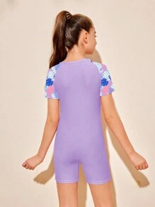 Tween Girls Summer Beach Tropical Plant Printed Zippered Short Sleeve One-Piece Swimsuit For Holiday - Mauve Purple - View 2