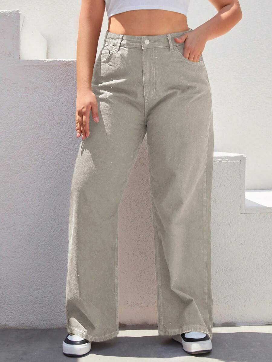 Cloudara Jeans De Mujer De Talla Grande De Color Sólido Con Pantalones Anchos Y Bolsillos Inclinados - Beis - Ver 1