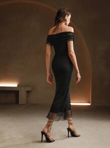 Anewsta 黑色鑽石魚網鑲鑽中長裙 - 黑色 - 查看 5